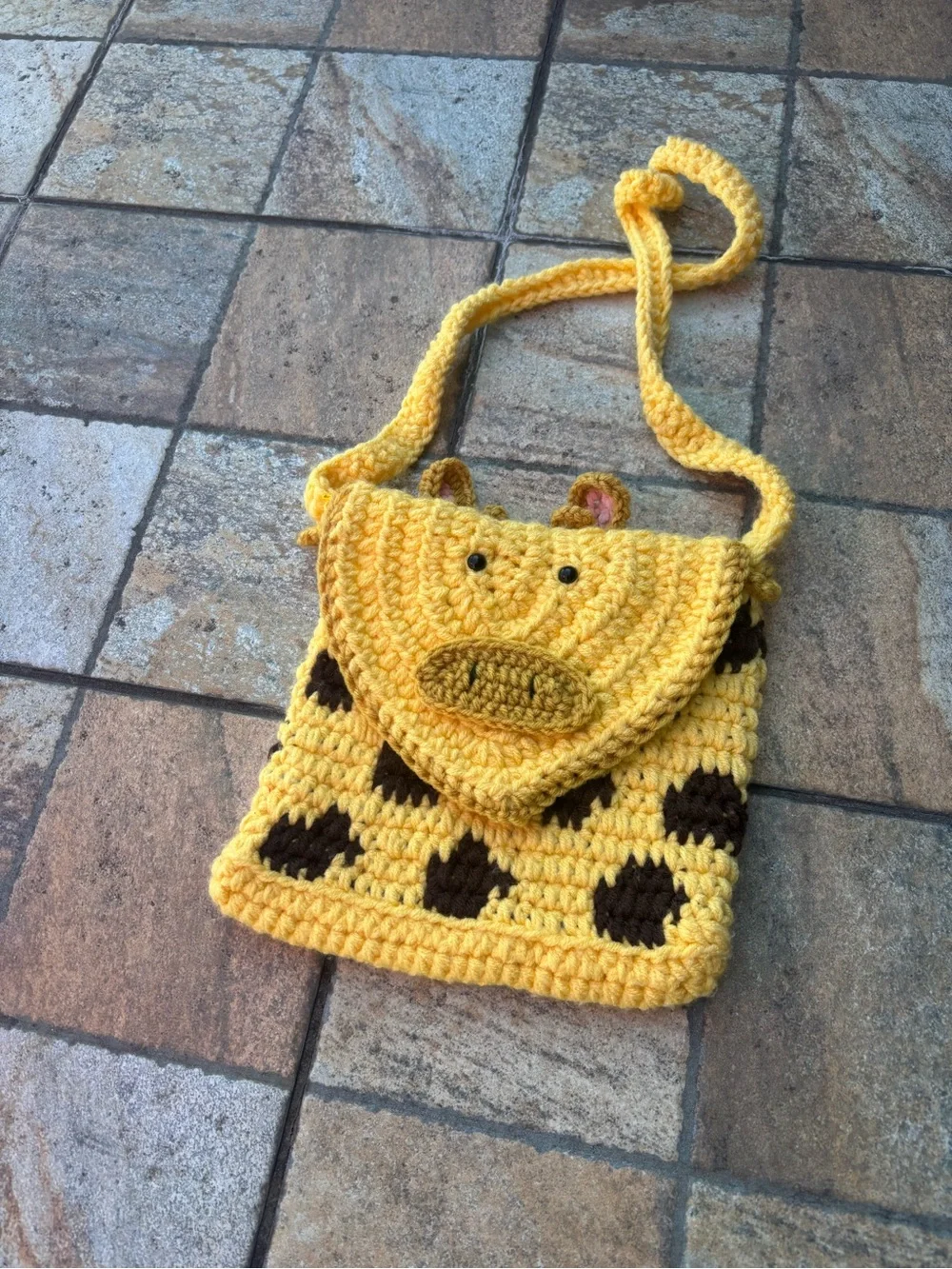 Handmade Crochet Giraffe Crossbody Bag | Yellow & Brown Cotton Yarn Kids Purse